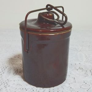 2 FOR $15. BUNDLE SALE! Vintage brow stoneware glazed crock with metal clasp